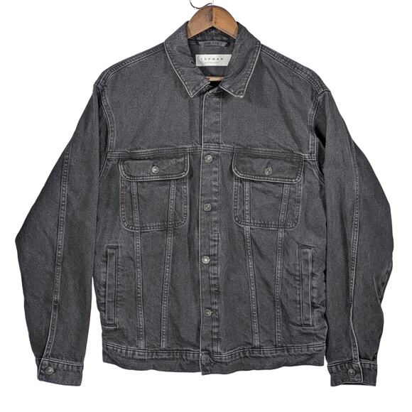 Topman Classic Men’s Denim Jacket Oversized  Small Cotton Black Jean Button Up - Picture 1 of 6